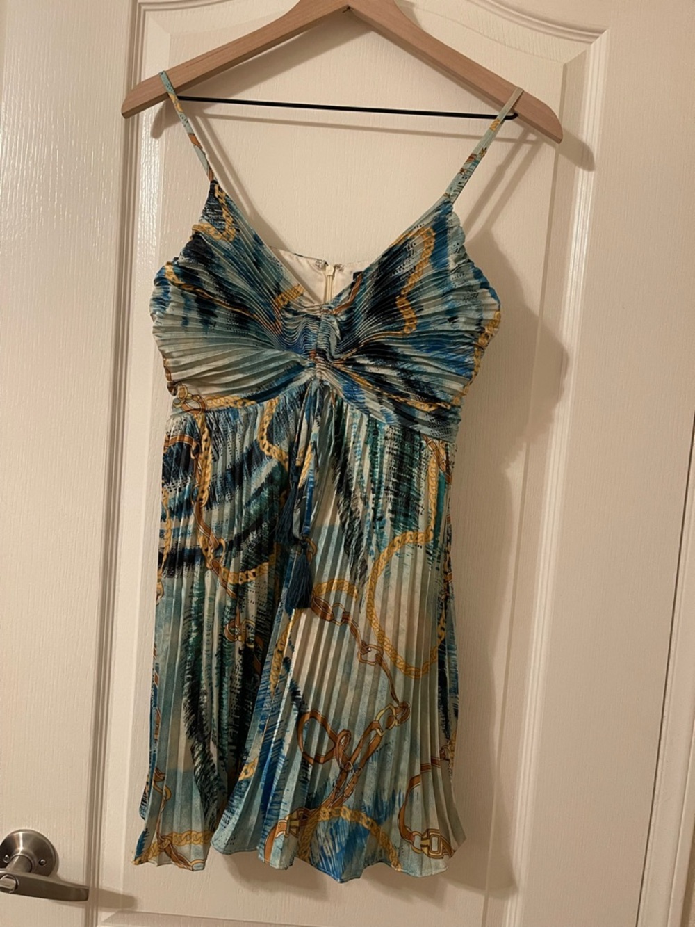 Marciano Pleated Spaghetti-Strap Jumper in Teal Blue and Gold